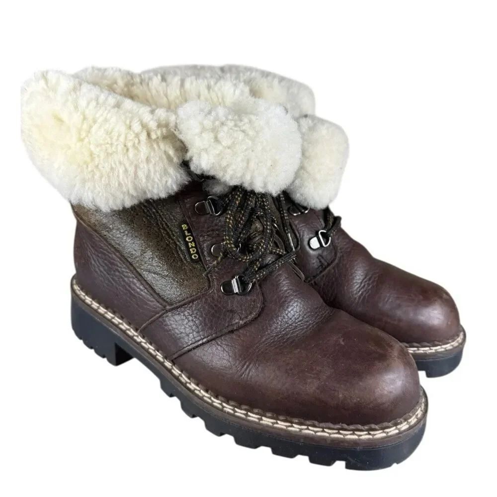 Blondo Shearling Lace Up Boots Brown Leather Waterproof Canada Size 7 Wide
